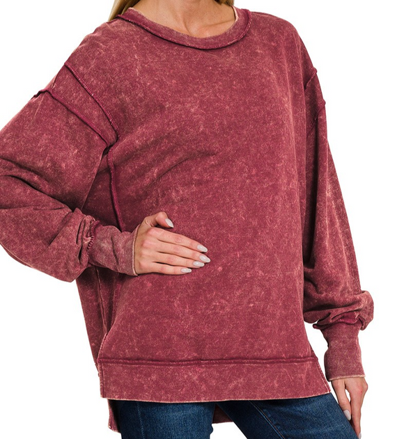 Acid Wash F/terry Exposed-Seam Sweatshirt - Cabernet - by Zenana