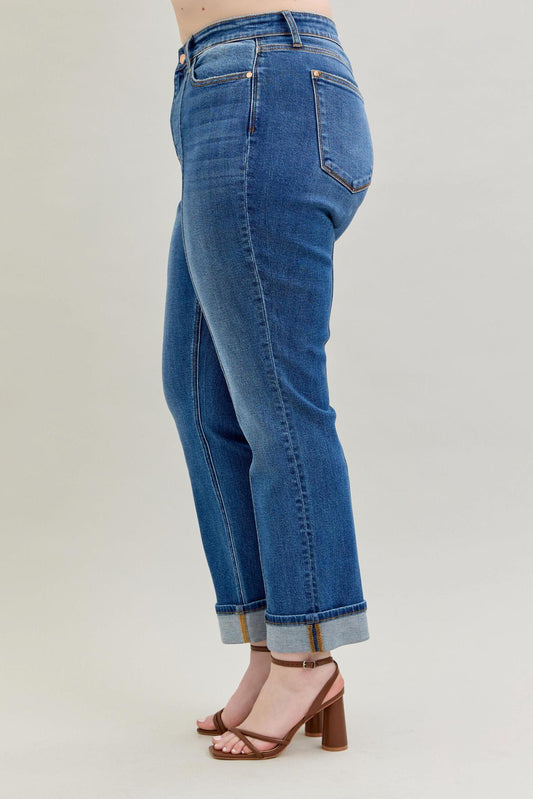 Plus Sally High Rise Front Seam Detail & Cuff Straight Fit Jeans - by Judy Blue