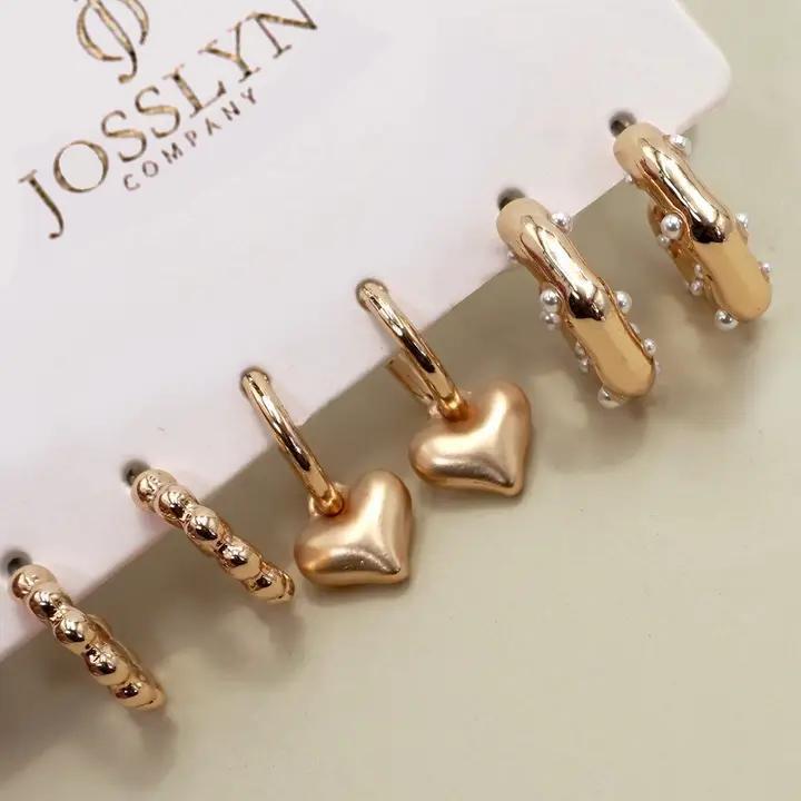 Heart Drop Pearl Studed Hoop Trio Earrings - by JOSSLYN