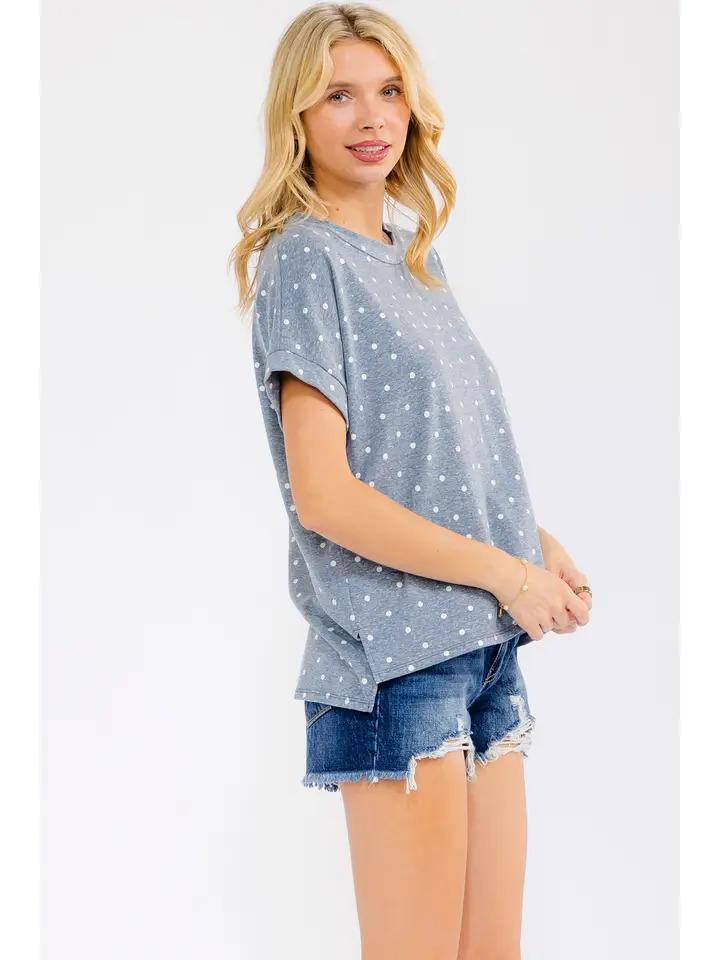 Polka Dot Banded Short Sleeve Top - Navy/White - by 7th Ray
