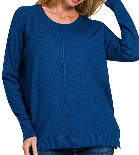 Viscose Front Seam Round-Neck Sweater - LT Navy - by Zenana