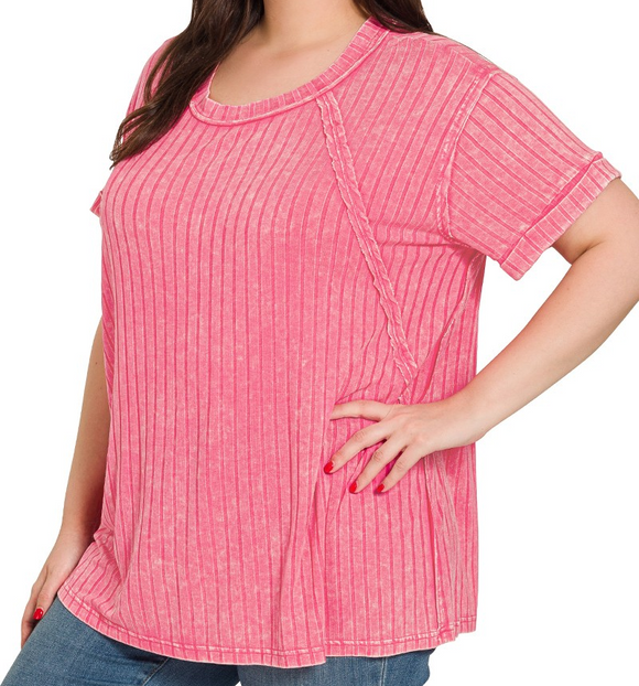 Plus Acid Washed Short Sleeve Boat Neck Ribbed Top - Fuchsia - by Zenana