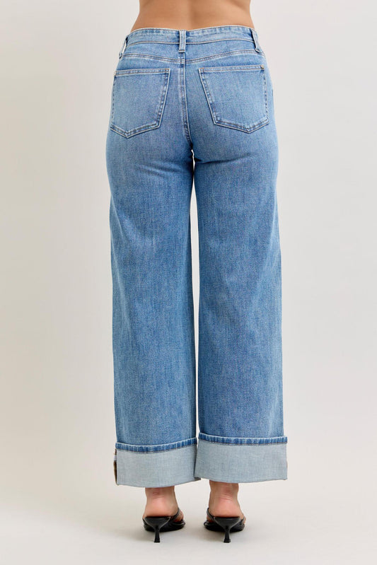 Mid Rise Straight with Foldover Waistband - Med Wash - by Judy Blue