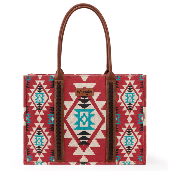 Wrangler Southwestern Pattern Dual Sided Print Canvas Wide Tote - Burgundy - by Montana West