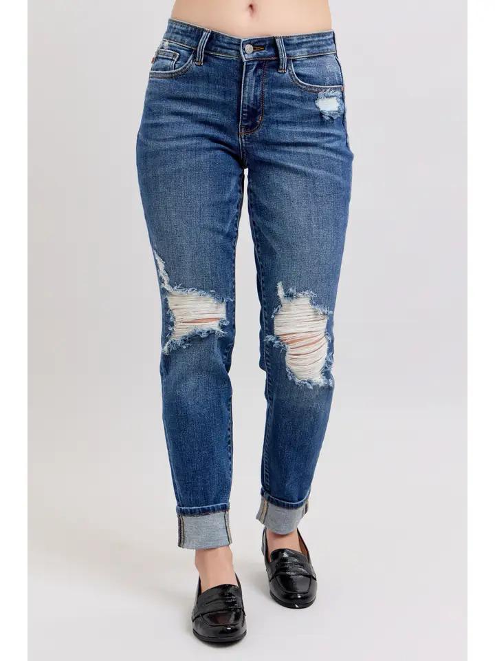 Distressed Mid-Rise Boyfriend Fit- Med Wash - by Judy Blue