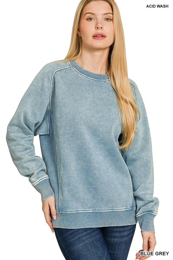 Acid Washed Fleece Sweatshirt with Side Rib - Blue Gray - by Zenana