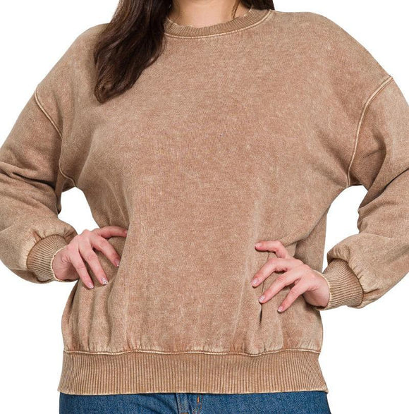 Plus Acid Washed Fleece Oversized Pullover - Deep Camel - by Zenana