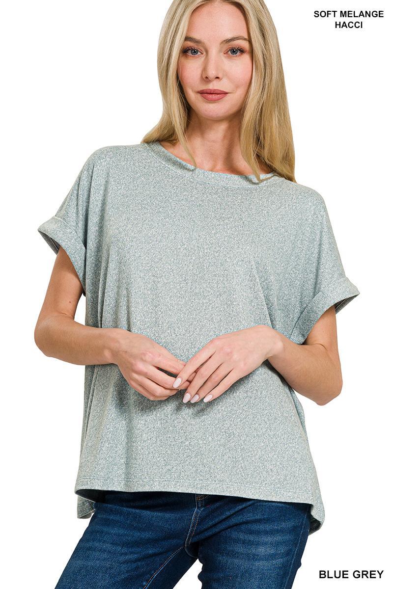 Zenana Soft Melange Short Sleeve Round Neck Top - Blue Grey - by Zenana
