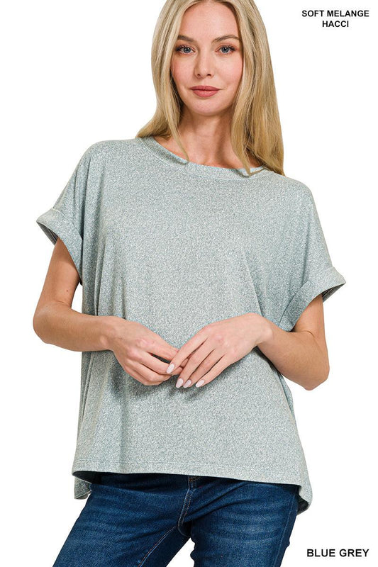 Zenana Soft Melange Short Sleeve Round Neck Top - Blue Grey - by Zenana