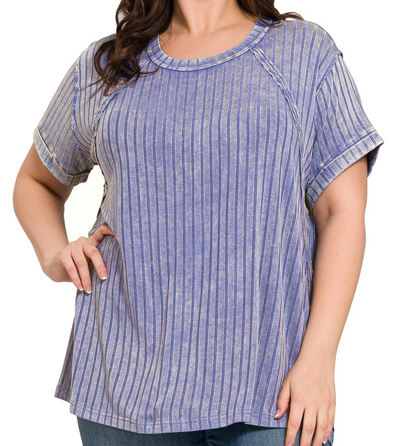 Plus Acid Washed Short Sleeve Boat Neck Ribbed Top - Marlin - by Zenana