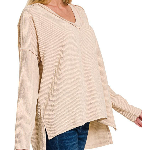 Raised Rib Hi-Low V-Neck Long Sleeve Top - Sand Beige - by Zenana