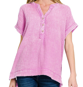 Washed Double Gauze 3/4 Button Henley Top - Mauve - by Zenana