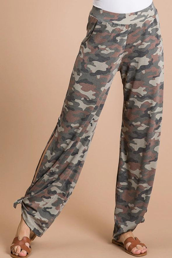 Camo Split Side Ankle Tie Women's Pants - by 7th Ray