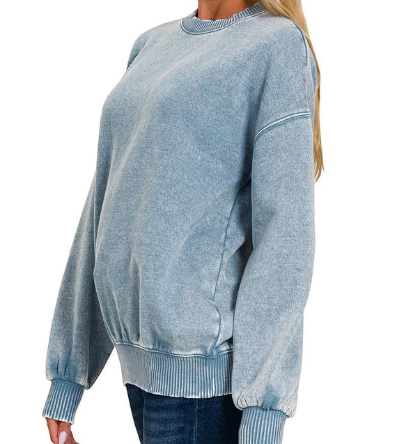 Acid Washed Fleece Oversized Pullover - Blue Grey - by Zenana