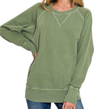 Pigment Dyed French Terry Pullover with Pockets - Light Olive - by Zenana