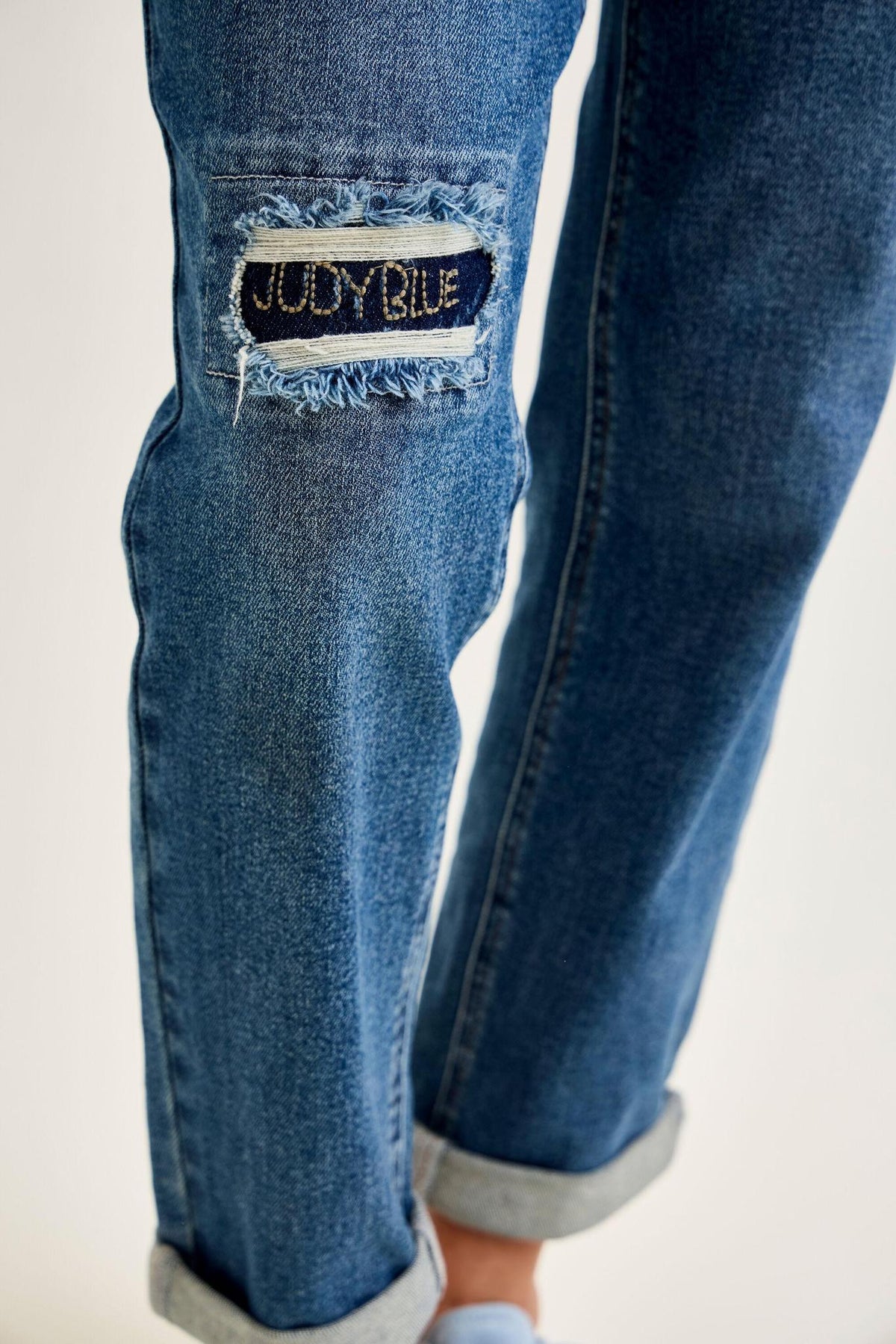 Mid Rise Boyfriend Embroidered Repair Patch Jeans - Medium Wash - by Judy Blue