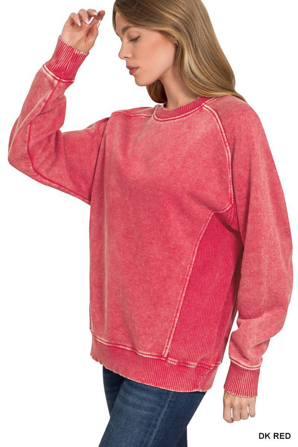 Acid Washed Fleece Sweatshirt with Side Rib - Dark Red - by Zenana