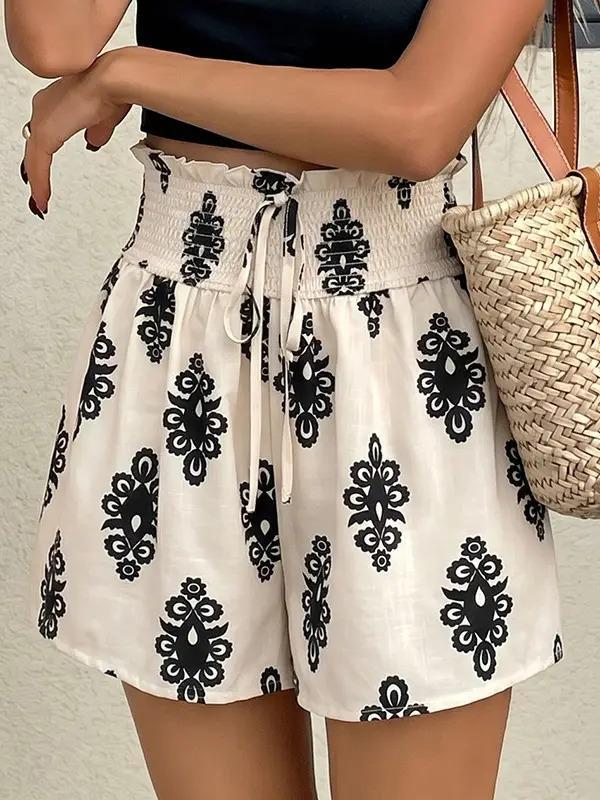 Smocked Drawstring Print Ruffled Shorts - by Hidden Brand