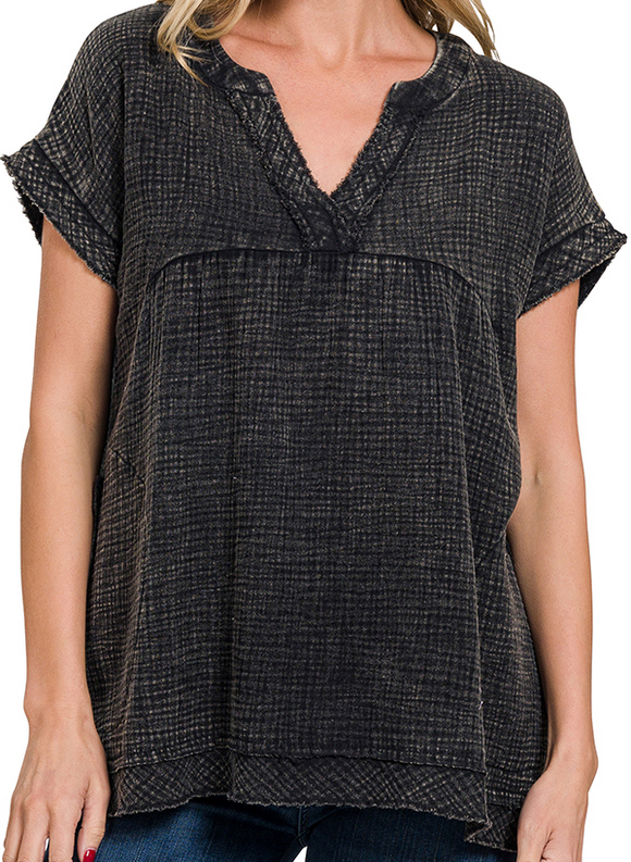 Washed Double Gauze Raw Edge Shirt - Ash Black - by Zenana