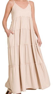 V-Neck Cami Maxi Tiered Dress with Pockets - Sand Beige - by Zenana