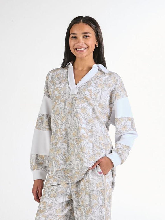 White Camo Collar Polo Pullover - by Simply Southern