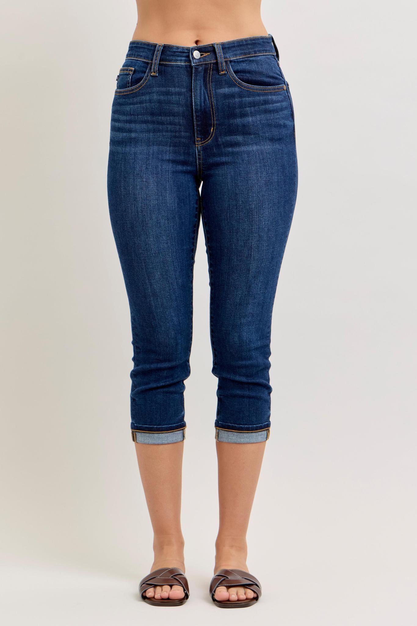 High Waisted Capri Cuffed Jeans - Dark Wash - by Judy Blue