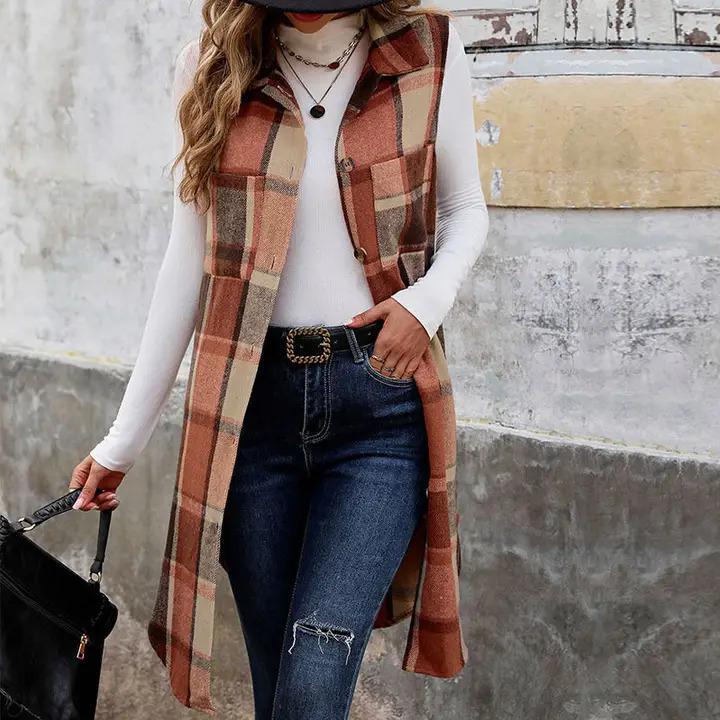 Sleeveless Lapel Retro Cardigan/Jacket Plaid Vest - Orange coffee- by Lovesoft