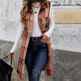 Sleeveless Lapel Retro Cardigan/Jacket Plaid Vest - Orange coffee- by Lovesoft