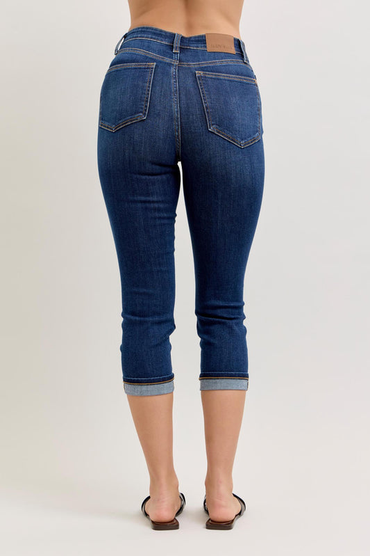 High Waisted Capri Cuffed Jeans - Dark Wash - by Judy Blue