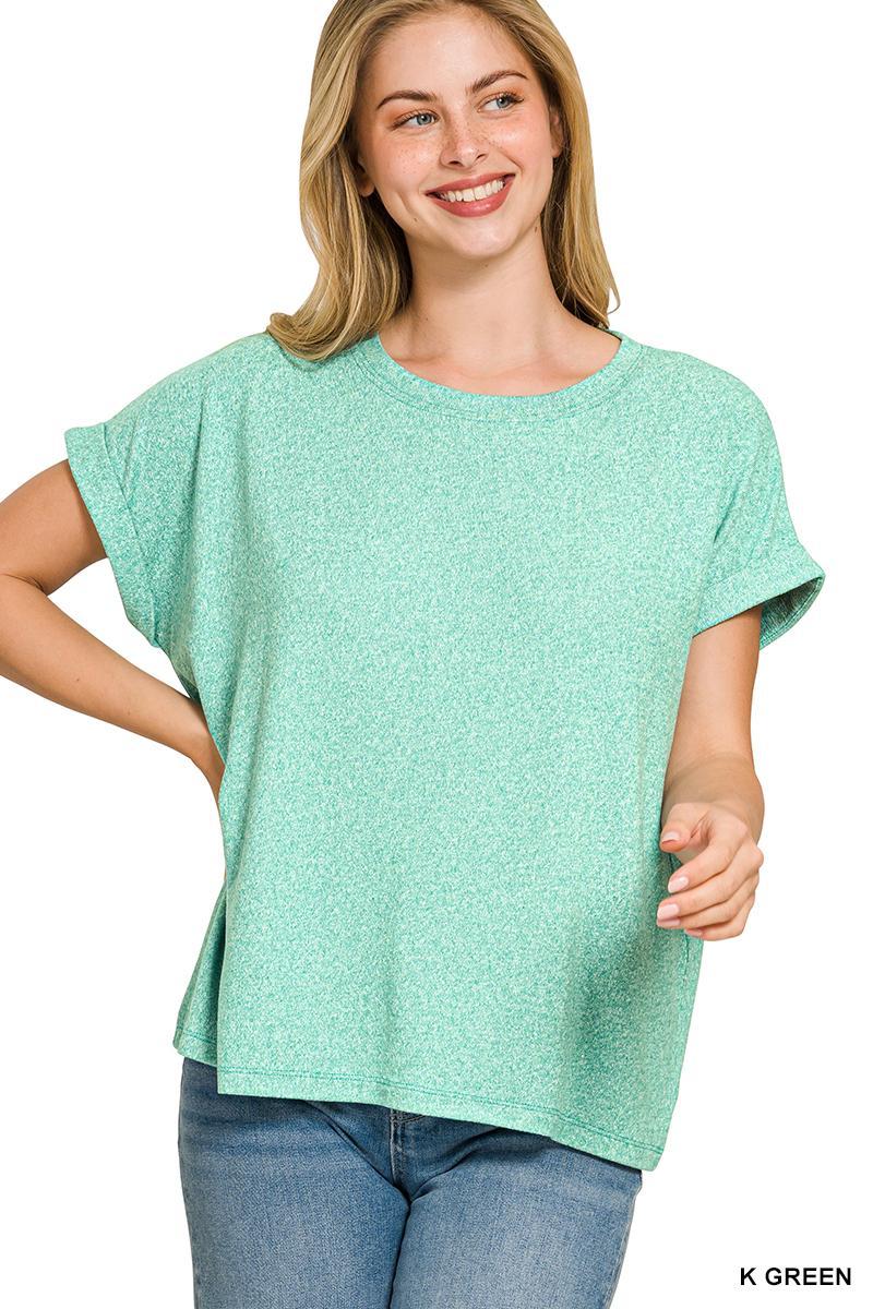 Zenana Soft Melange Short Sleeve Round Neck Top - Kelly Green - by Zenana