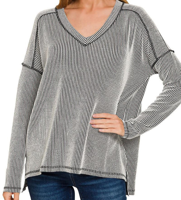 Raised Rib Hi-Low V-Neck Long Sleeve Top - Black/White - by Zenana