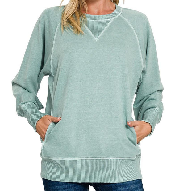 Pigment Dyed French Terry Pullover with Pockets - Ash Blue - by Zenana