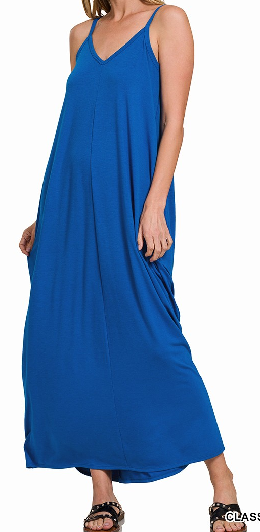 V-Neck Cami Maxi Dress with Pockets - Classic Blue - by Zenana