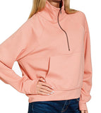 Scuba Half Zip Pullover with Kangaroo Pocket - Tan Rose - by Zenana