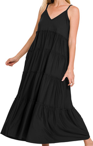 V-Neck Cami Maxi Tiered Dress with Pockets - Black - by Zenana