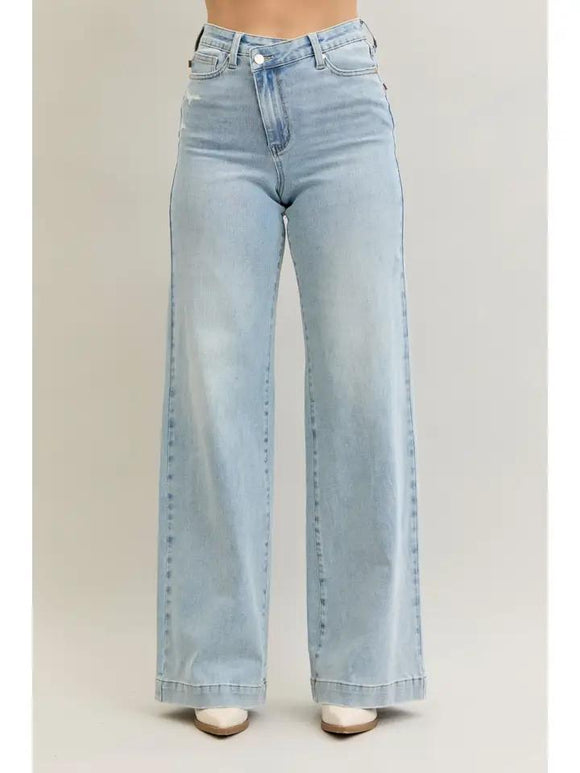 High Waist Retro Wide Criss-Cross - Light Wash - by Judy Blue