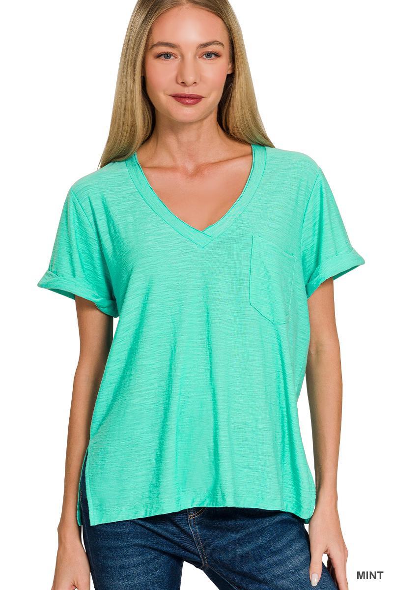 Slub Rolled Short Sleeve V-Neck Tee - Mint - by Zenana