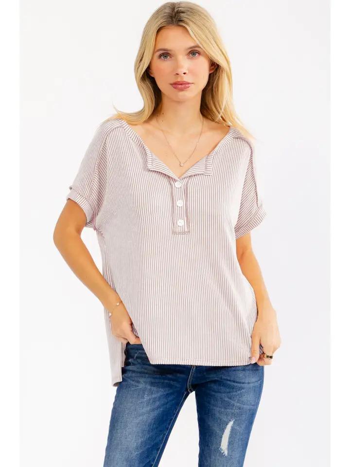 Solid Rib Knit Henley Top - Mocha - by 7th Ray