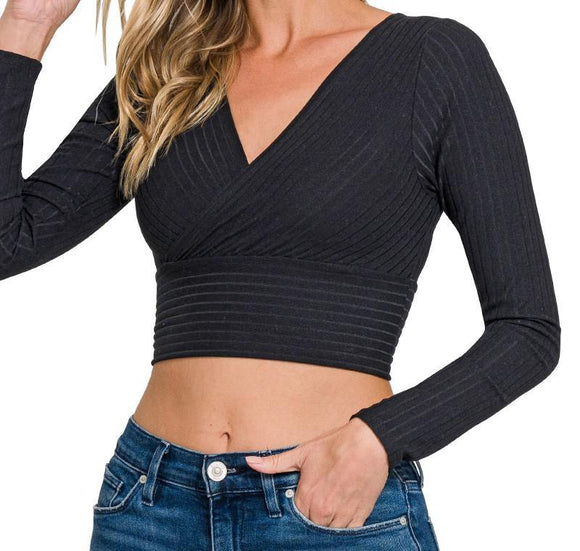 Ribbed Surplus Waistband Long Sleeve Top - Black - by Zenana