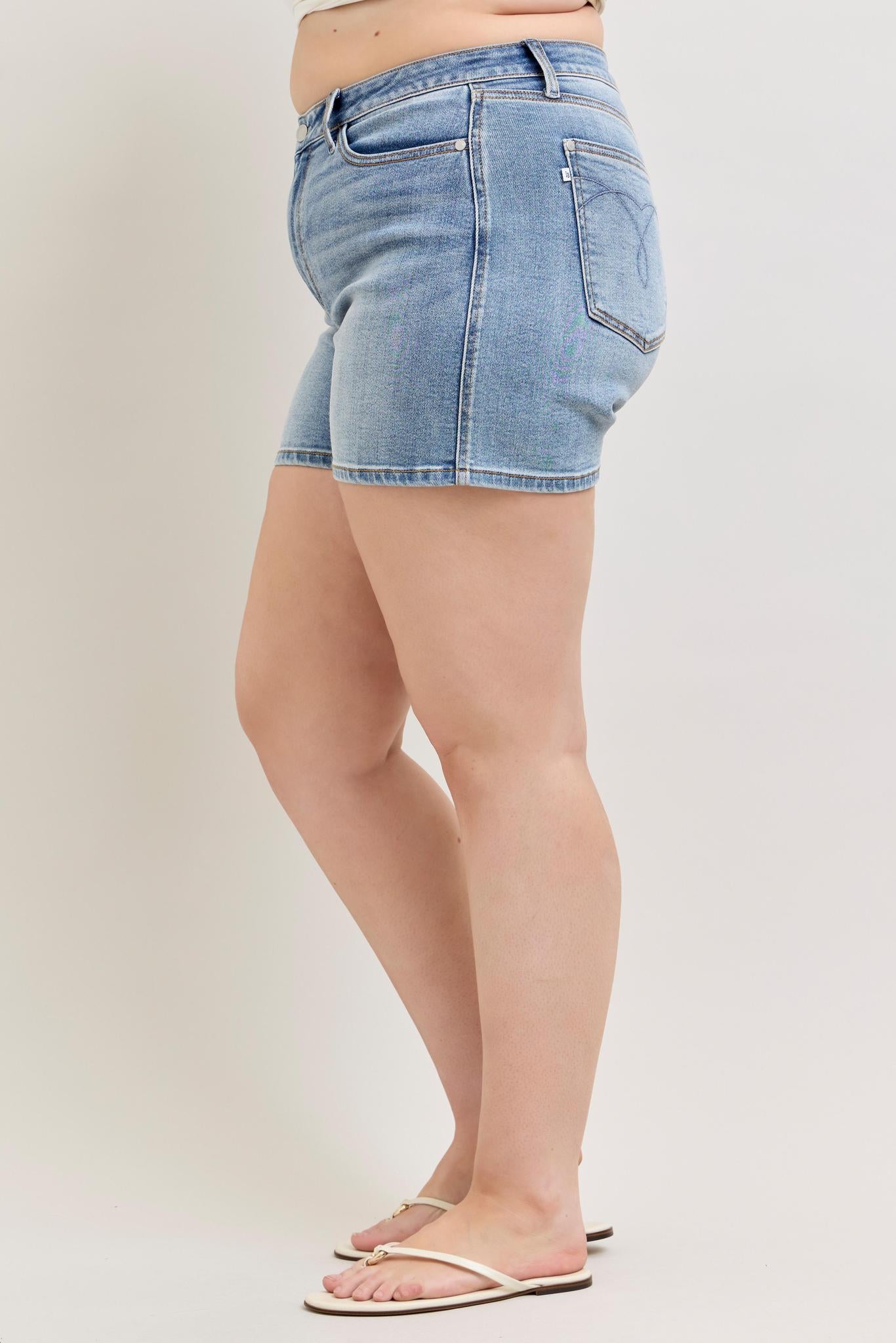 Plus High Waisted Slim Denim Shorts - Medium Wash - by Judy Blue