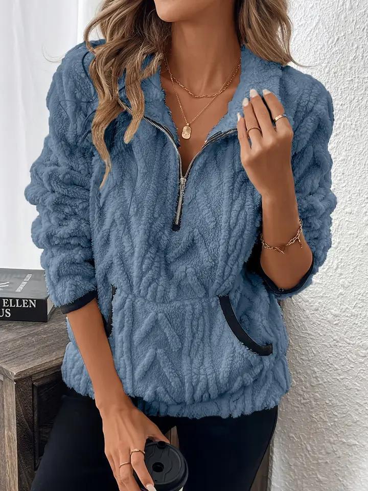 Pocket Pullover zip-up teddy- blue - HIDDENBRAND