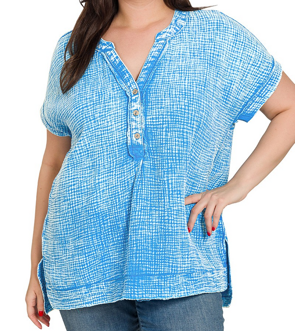 Plus Double Gauze 3/4 button Henley Shirt - Deep Sky - by Zenana