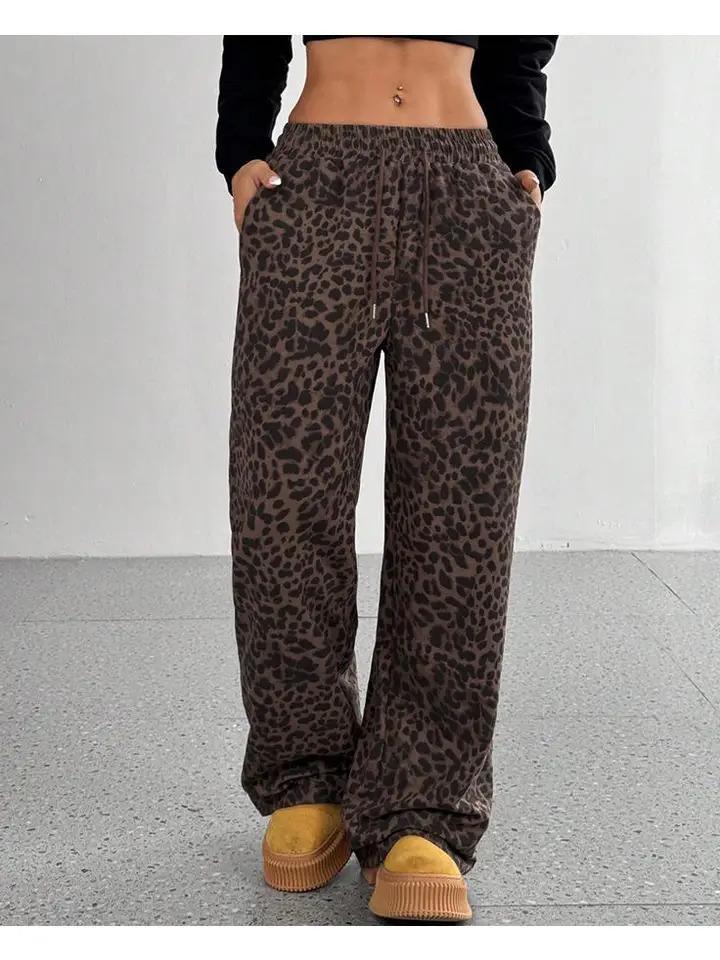 Casual Drawstring Leopard Print Wide-Leg Pants - Brown - by Hidden Brand