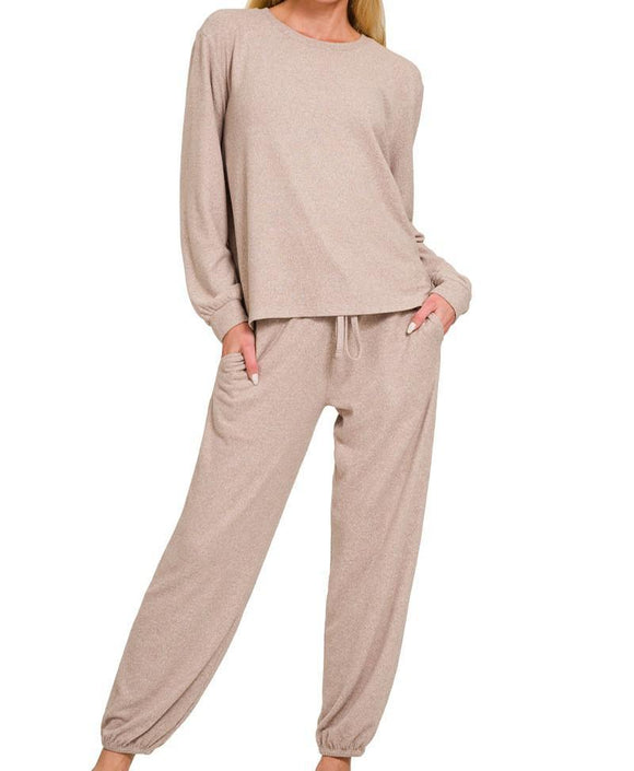 Hacci Long Sleeve Round Neck Tee & Jogger Set - Ash Mocha - by Zenana