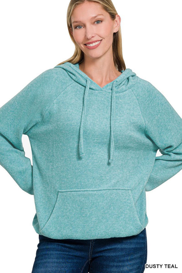 Brushed Hacci Melange Hoodie Sweater - Dust Teal - by Zenana