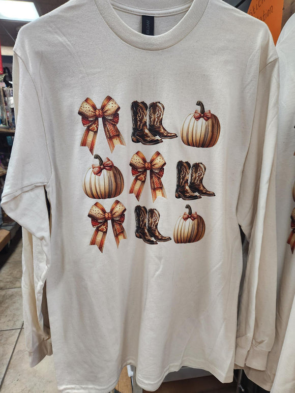 Cowboy Coquette Boots & Pumpkins - Natural - Long Sleeve Shirt