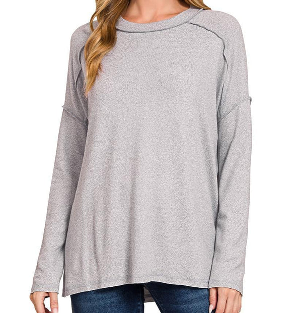 Soft Melange Hacci Exposed Seam Hi/Lo Tee - Heather Gray - by Zenana