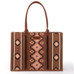 Wrangler Southwestern Pattern Dual Sided Print Canvas Wide Tote - Dark Brown - by Montana West