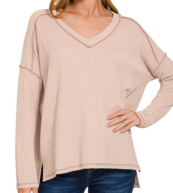 Raised Rib Hi-Low V-Neck Long Sleeve Top - Ash Mocha - by Zenana