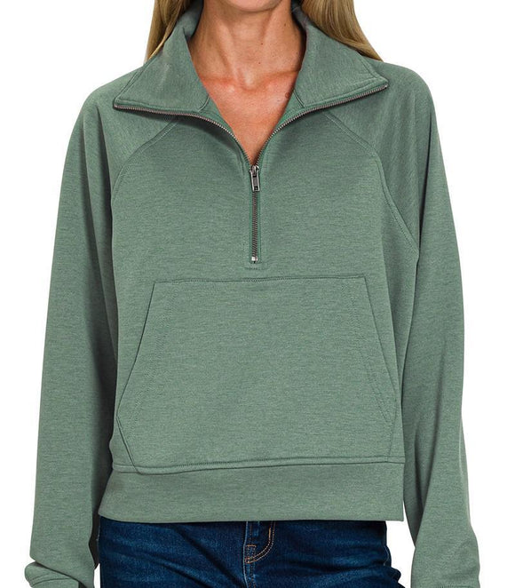 Scuba Half Zip Pullover with Kangaroo Pocket - Dark Forest - by Zenana